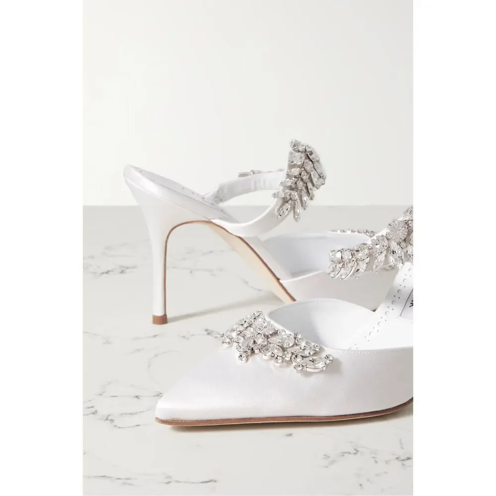 Manolo‎ Blahnik Lurum 90 Crystal-embellished White Satin Mules Heels Size 6.5